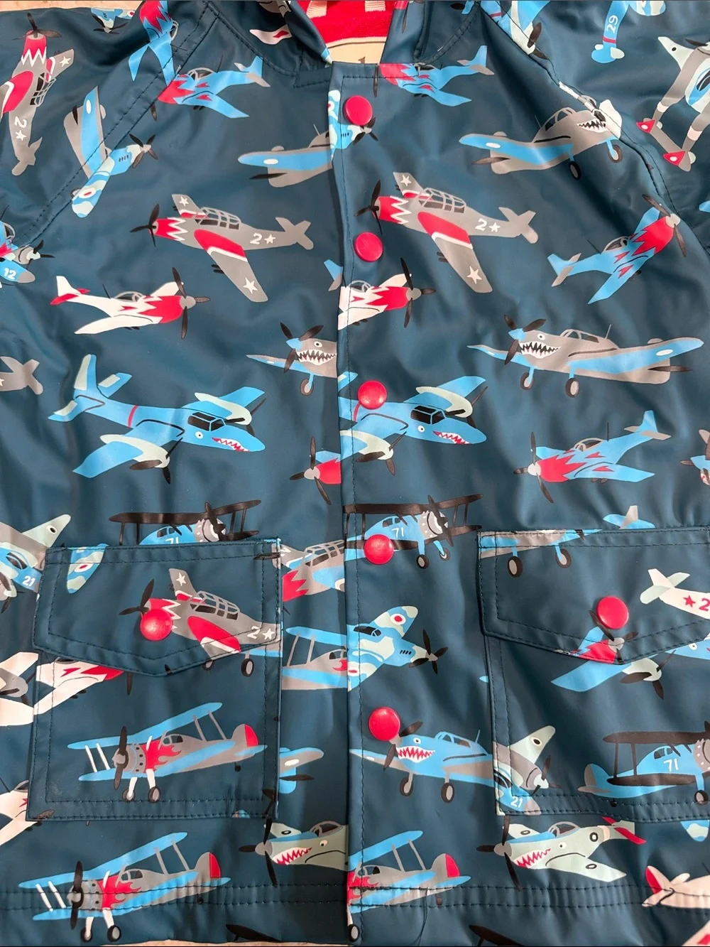 Hatley Kids Hooded Raincoat with Airplane Print - Navy & Red